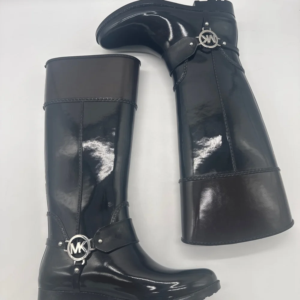 MICHAEL KORS Tall Black Brown Rain Boots with Silver MK Logo, Size 8